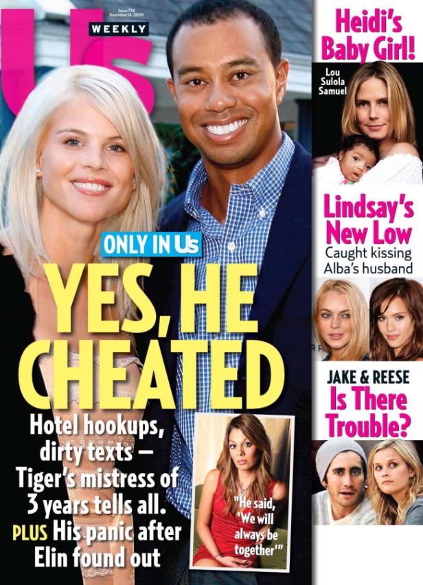Das Cover des „US Weekly“ vom 14. Dezember 2009 mit Tiger Woods und Elin Nordegren sowie Schlagzeilen über Prominente.