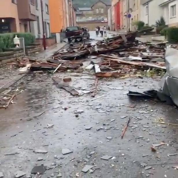 Damages left by a tornado are seen in Petange