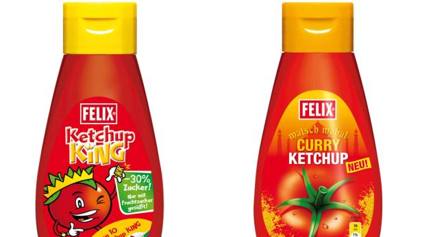 Zwei Flaschen Felix Ketchup: „Ketchup King“ und „Curry Ketchup“.