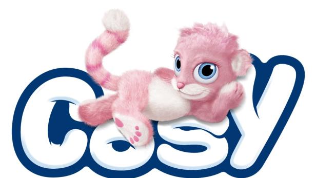 Eine rosafarbene Cartoon-Katze liegt auf dem Schriftzug „Cosy“.