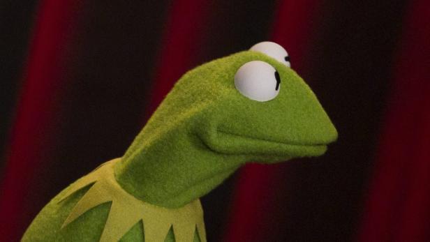 Kermit der Frosch blickt vor einem dunklen Hintergrund nach rechts.