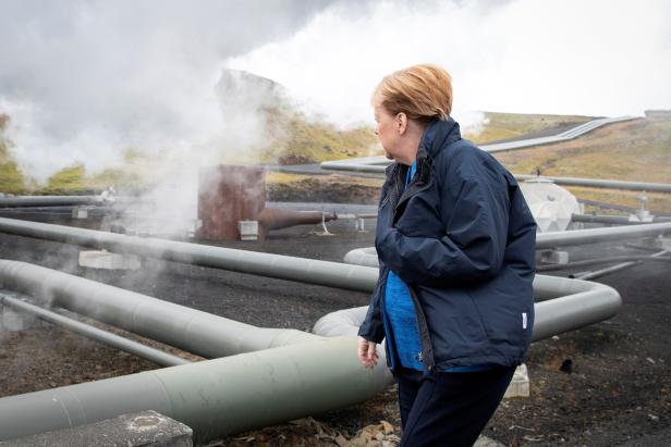 German Chancellor Angela Merkel visits Hellisheidi geothermal power stations near Reykjavik