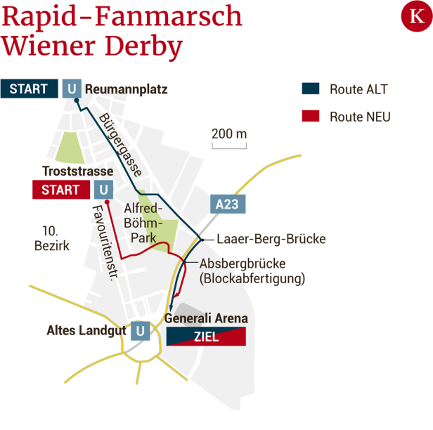 Blockabfertigung für Rapidler bei Fanmarsch zum Wiener Derby