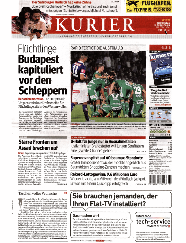 Titelseite des Kurier vom 13. August 2015 mit Schlagzeilen zu Flüchtlingen, Sport und Politik.