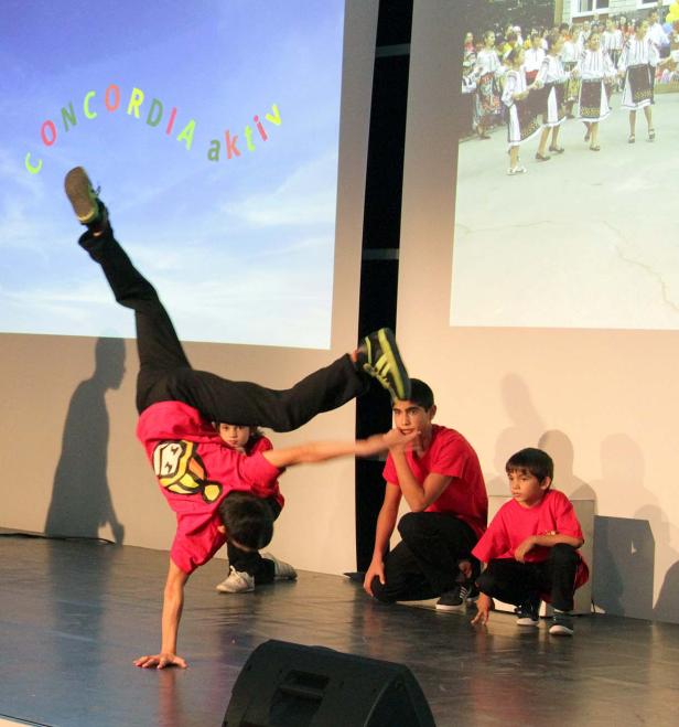 Ein Breakdancer führt vor einem Publikum auf der Bühne einen Handstand aus.