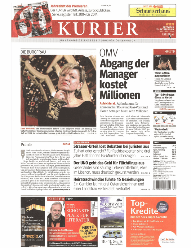 Titelseite der österreichischen Tageszeitung „Kurier“ vom 15. Oktober 2014.