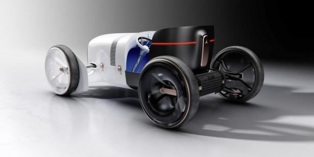 Ein futuristisches, weißes Mercedes-Benz-Konzeptfahrzeug mit freiliegenden Rädern.