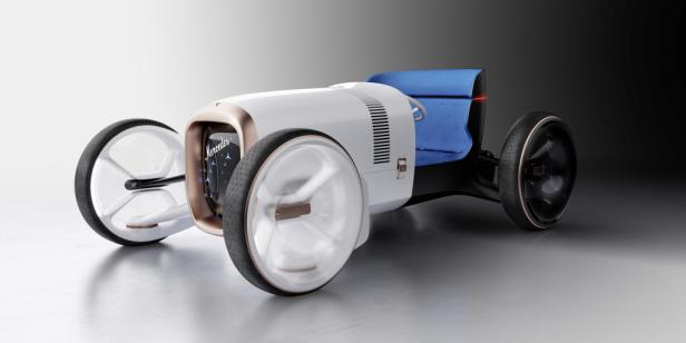 Ein futuristisches, weißes Mercedes-Benz-Konzeptfahrzeug mit blauen Sitzen und transparenten Rädern.