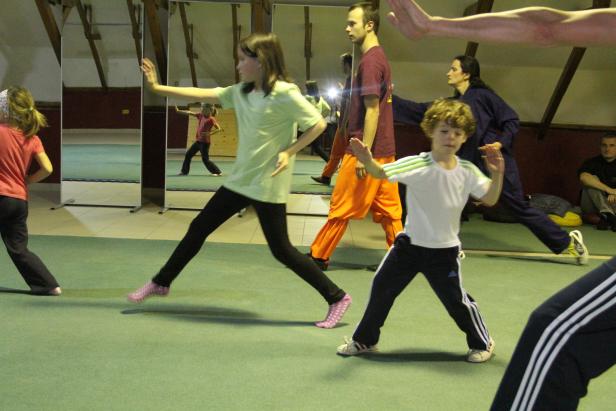 Kinder und Erwachsene üben gemeinsam eine Kampfkunst in einem Übungsraum.