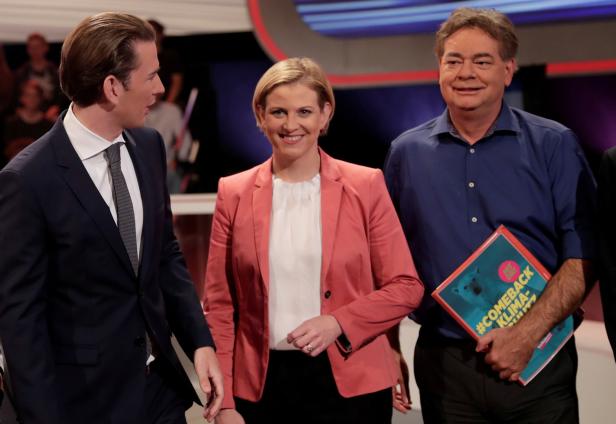 Party heads Kurz, Meinl-Reisinger and Kogler wait for the start of a TV discussion in Vienna