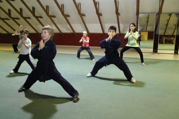 Eine Gruppe Kinder übt eine Kampfkunst in einem Trainingsraum.