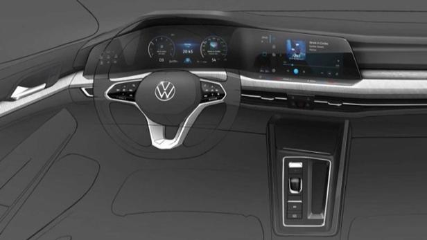 Skizze des Innenraums eines modernen Volkswagen mit digitalem Armaturenbrett.