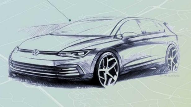 Eine Skizze eines Volkswagen Golf auf einem hellblauen Hintergrund.