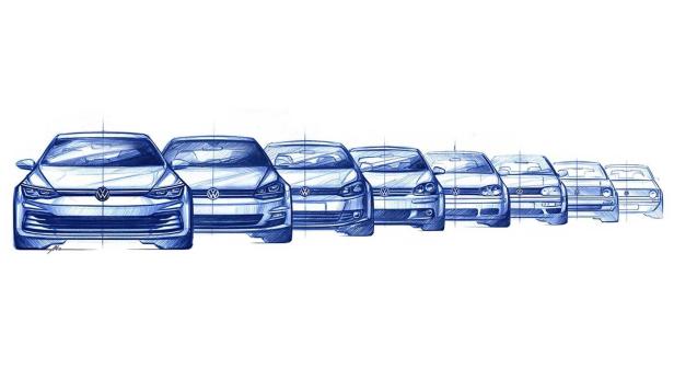 Eine blaue Skizze, die die Entwicklung des VW Golf über verschiedene Generationen zeigt.