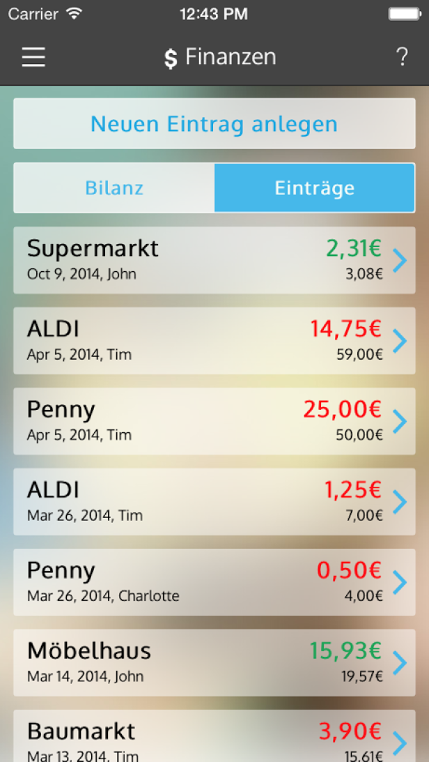Ein Screenshot der „Finanzen“-App mit verschiedenen Ausgaben, wie Supermarkt und Baumarkt.