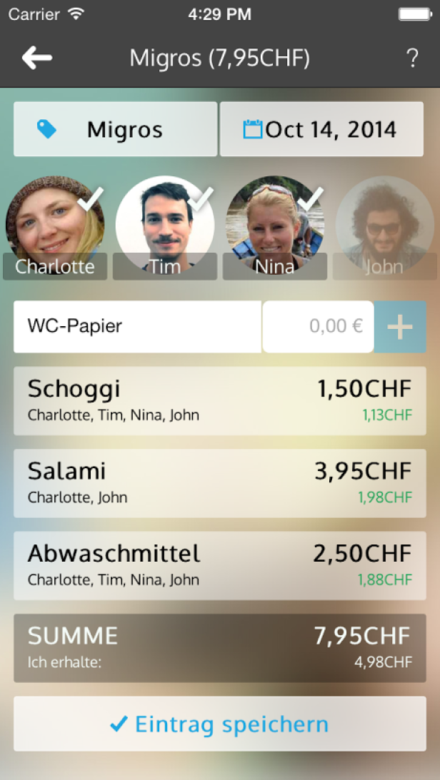 Ein Screenshot einer App zur Kostenteilung mit Einkäufen bei Migros am 14. Oktober 2014.