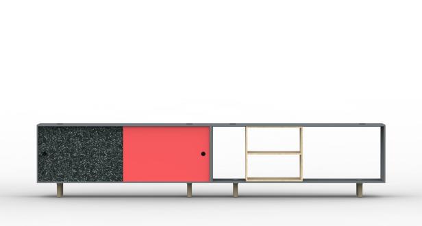 Ein graues Sideboard mit einer gesprenkelten Tür, einer roten Schiebetür und offenen Regalen.