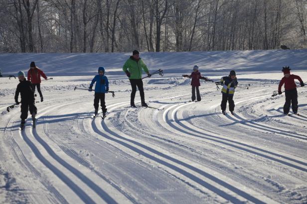 Eine Gruppe von Kindern und ein Erwachsener laufen Ski auf einer Loipe.