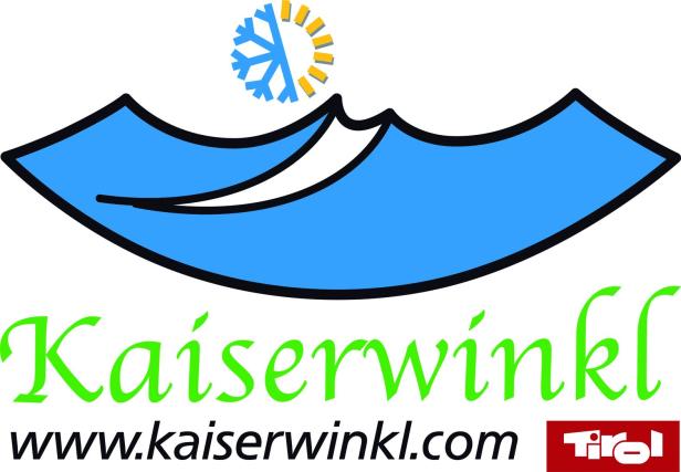 Das stilisierte Logo von Kaiserwinkl mit Bergen, Sonne und Schneeflocke.