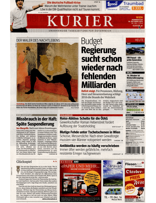 Titelseite der Zeitung Kurier vom 16. Oktober 2014.