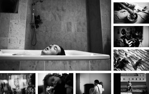 Eine Schwarzweiß-Collage zeigt verschiedene Szenen, darunter ein Mann in einer Badewanne und eine Familie.