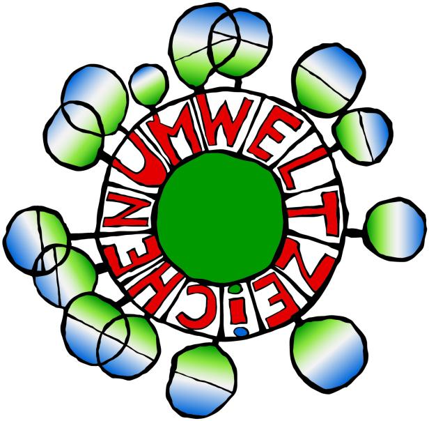 Das stilisierte Logo des Umweltzeichens mit einer grünen Kugel und roten Buchstaben.