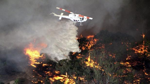 Ein Hubschrauber löscht einen Waldbrand mit einem Wasserabwurf.