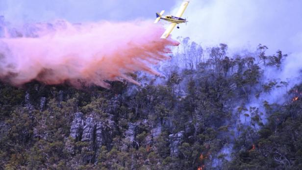 Ein gelbes Löschflugzeug wirft eine Ladung Löschmittel auf einen Waldbrand ab.