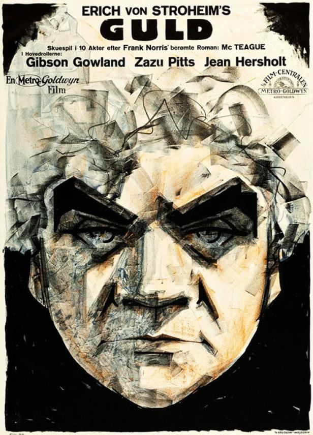 Das Filmplakat für Erich von Stroheims „Guld“ zeigt eine stilisierte, düstere Männerfratze.