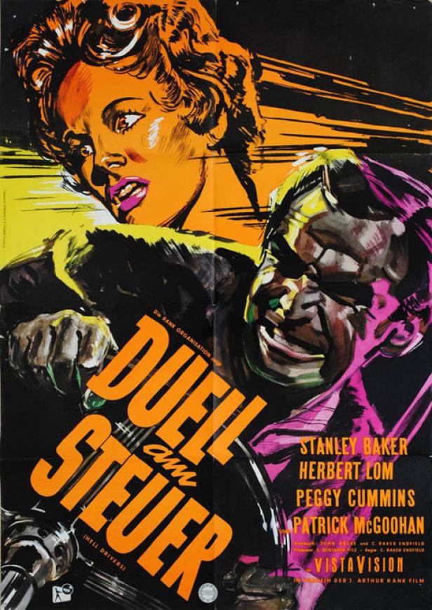Das Filmplakat für „Duell am Steuer“ zeigt eine Frau und einen Fahrer in einem spannungsgeladenen Moment.