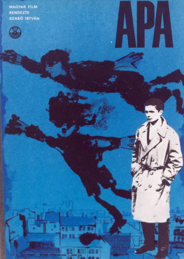 Das Filmplakat für „Apa“ zeigt einen jungen Mann vor dem Hintergrund einer Stadt und zwei schattenhaften Figuren.