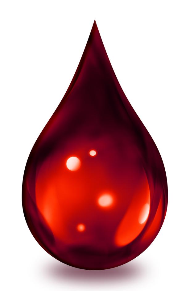 Ein einzelner, glänzender roter Tropfen auf einem weißen Hintergrund.