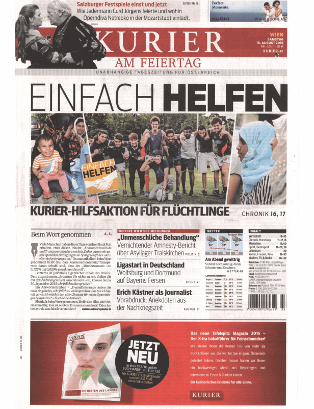 Titelseite des Kurier vom 15. August 2015 mit dem Titel „Kurier-Hilfsaktion für Flüchtlinge“.