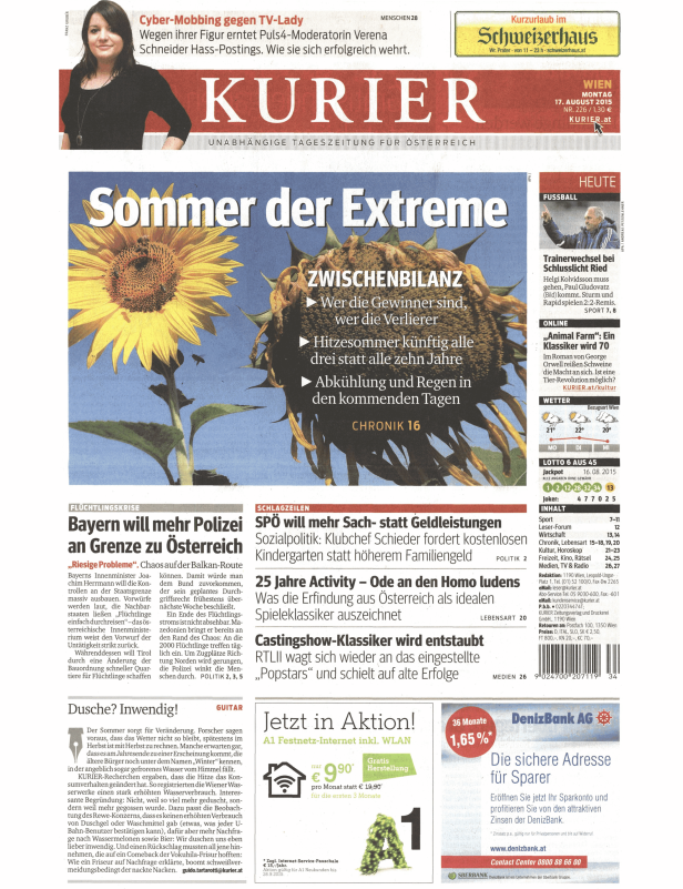 Titelseite des „Kurier“ vom 17. August 2015 mit verschiedenen Artikeln und Anzeigen.