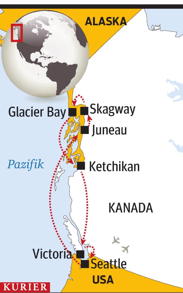 Eine Karte zeigt eine Reiseroute von Seattle, USA, nach Skagway, Alaska, mit Zwischenstopps in Juneau und Ketchikan.