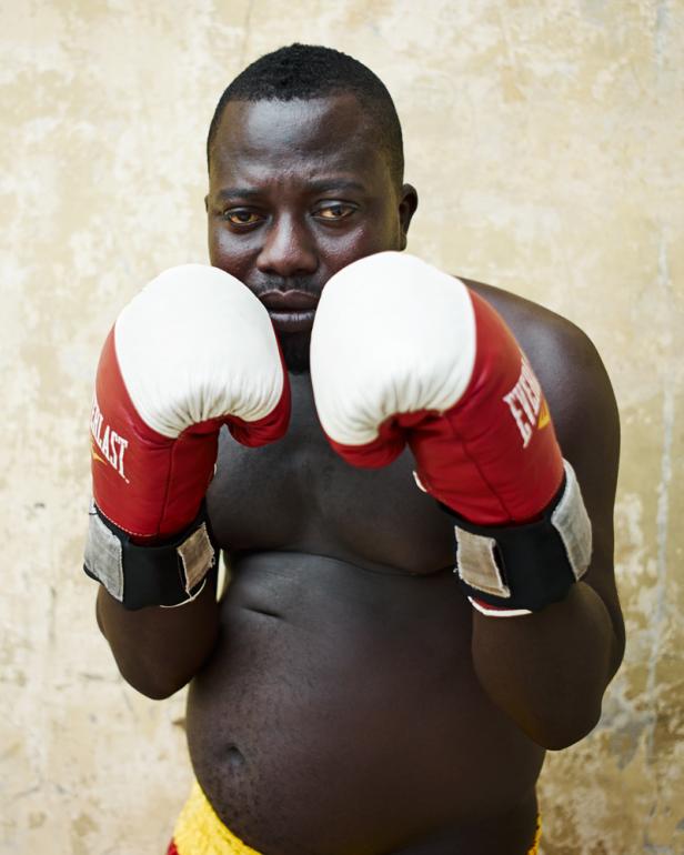Ein Boxer mit roten Boxhandschuhen steht in Kampfposition.