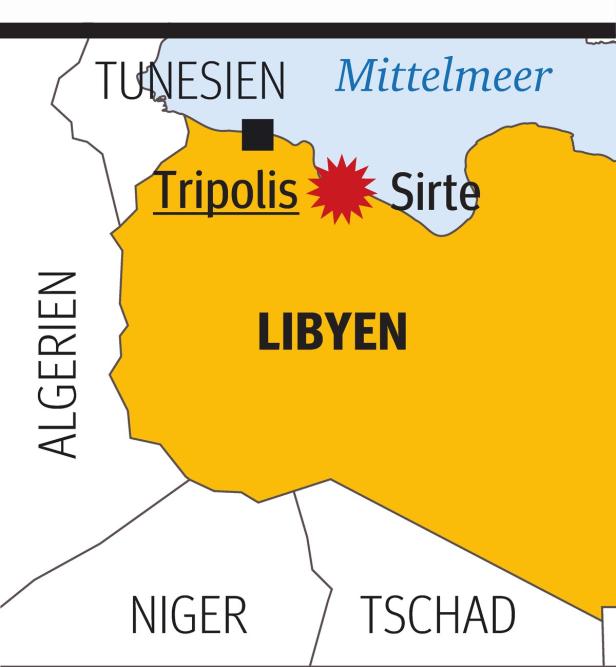 … Eine Karte von Libyen mit den Städten Tripolis und Sirte.