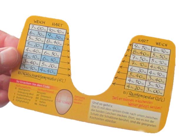 Eine Eieruhr-Schablone aus Kunststoff mit Garzeiten für weiche und harte Eier.