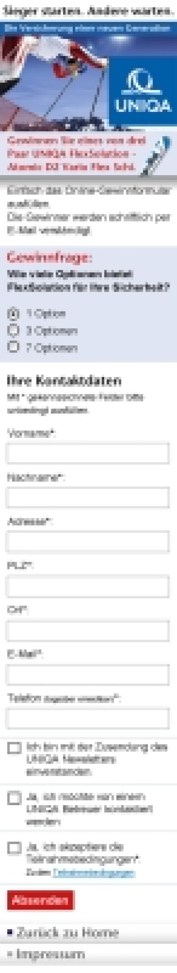 Ein Online-Formular für ein Gewinnspiel von UNIQA mit der Frage nach FlexSolution-Optionen.