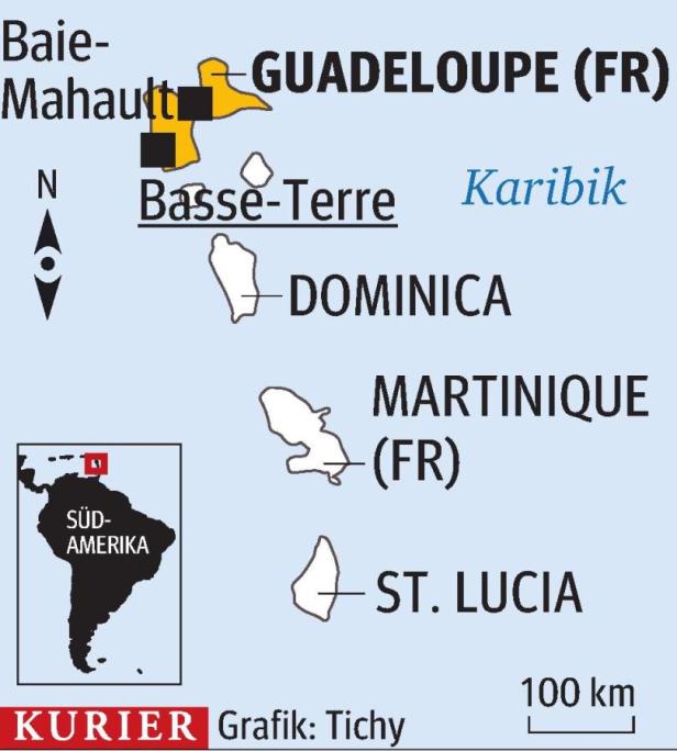 Eine Karte der Karibikinseln Guadeloupe, Dominica, Martinique und St. Lucia.