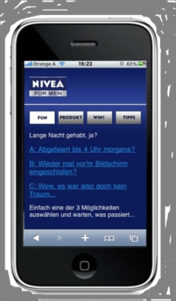 Yoc Mobile Portal m.niveaformen.at/Beiersdorf/Nivea For Men Ein iPhone zeigt eine Nivea for Men-Werbung mit einer Quizfrage.