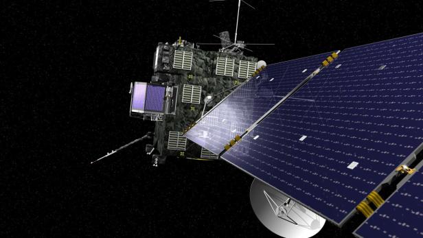Eine Raumsonde mit Solarpaneelen im Weltraum vor einem Sternenhintergrund.