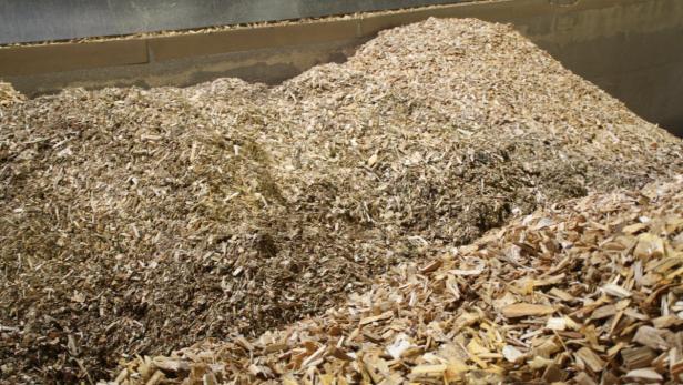 Ein großer Haufen aus Holzschnitzeln und Hackschnitzel liegt bereit.