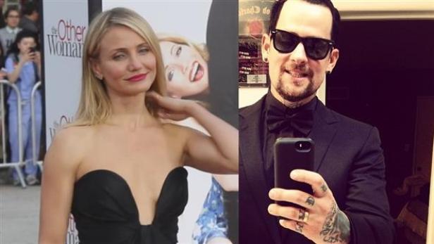 Ein geteiltes Bild von Cameron Diaz und Benji Madden.