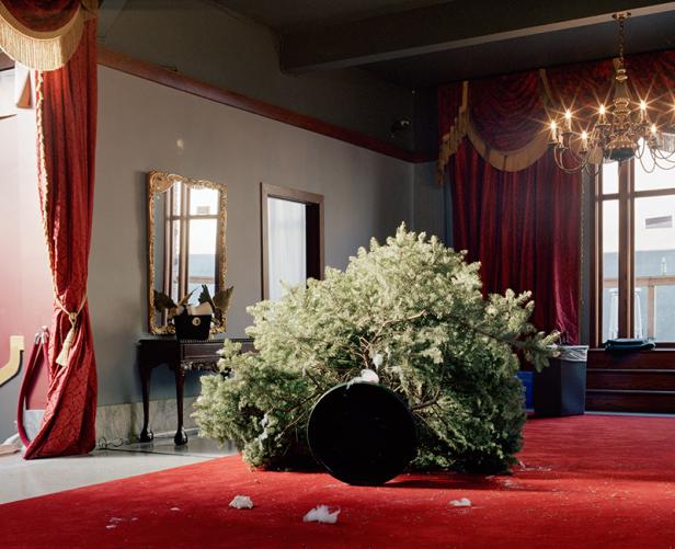 Ein umgekippter Weihnachtsbaum liegt in einem Raum mit rotem Teppich.