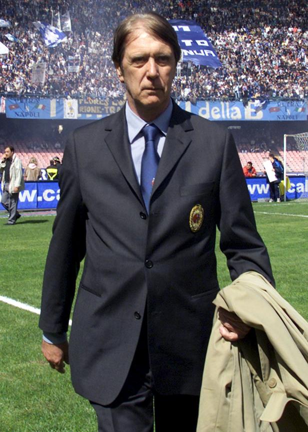 File photo of A.C. Milan's coach Cesare Maldini arriving at San Paolo Stadium in Naples