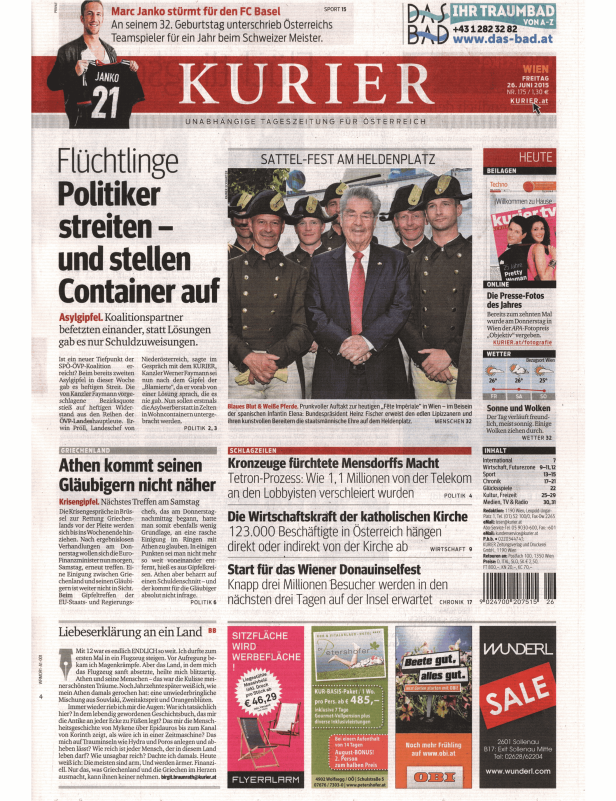 Titelseite des Kurier vom 26. Juni 2015 mit Berichten über Flüchtlingspolitik und das Donauinselfest.
