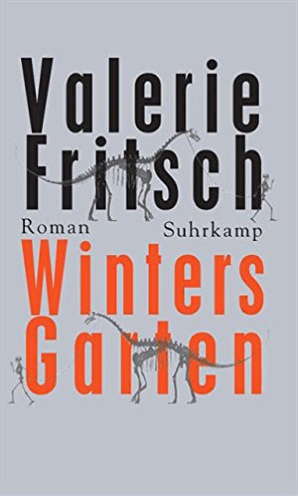 Das Cover des Romans „Winters Garten“ von Valerie Fritsch mit Dinosaurierskeletten.