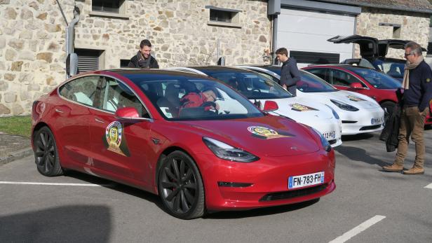 Mehrere Tesla Model 3, einige mit „Car of the Year 2020“-Aufklebern, stehen geparkt.