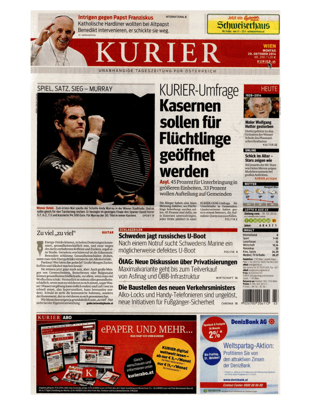 Titelseite des Kurier vom 20. Oktober 2014 mit Andy Murray und Artikeln zu Flüchtlingen und Politik.